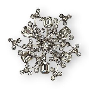 Vintage White Rhinestone Pinwheel Brooch Snowflake Riveted Rhodium Plated 2.5"